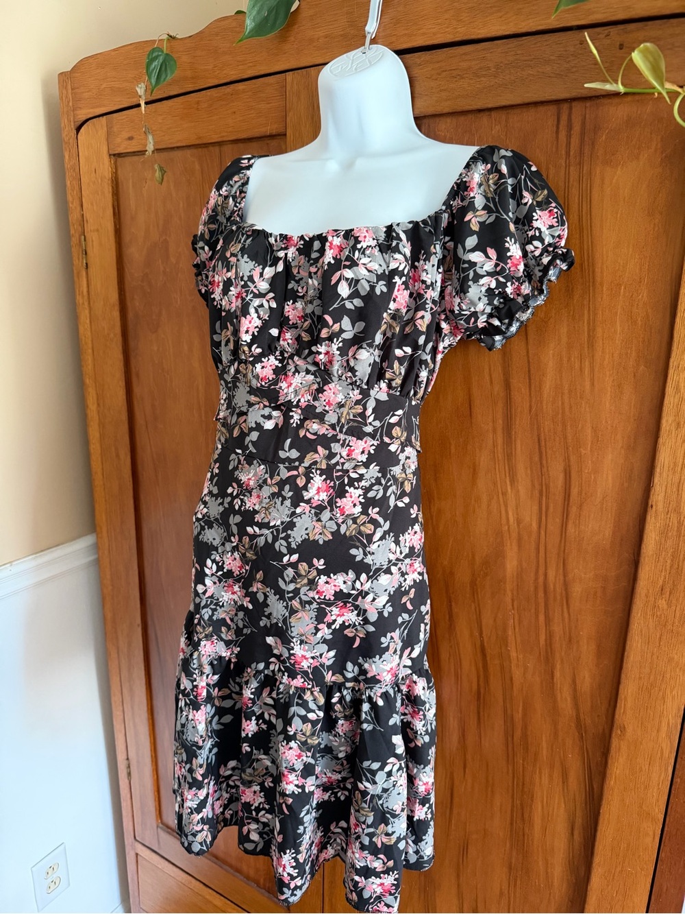 SHEIN Black Mini Dress with Pink and Cream Floral Print